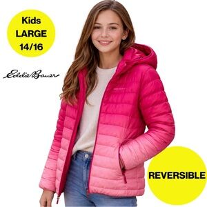 EDDIE BAUER 💖 Reversible Hooded Pink Ombré Puffer Down Jacket (Kids Large 14/16)